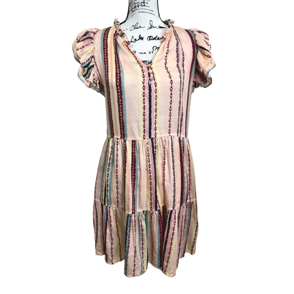 Striped Pink & Multi-Color Short Sleeve Tiered Dress